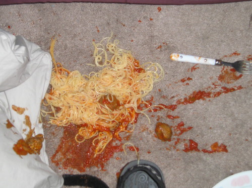 Spaghetti and sauce all over the carpet the day before move-out day