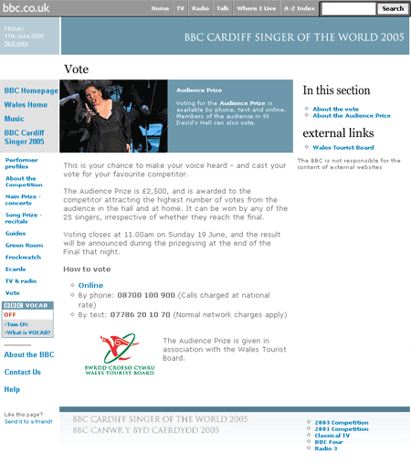 Vote page on bbc.co.uk for Cardiff Singer of the World 2005