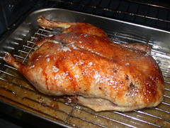 We tried to roast a duck for the first time tonight. It turned out quite well. Carving it was another matter.