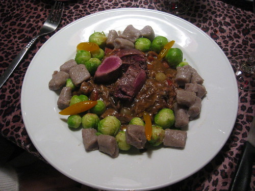 Hare stew and roasted saddle with confited kumquats, chestnut gnocchi and brussels sprouts
