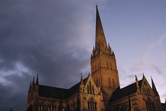 Salisbury cathedral at night.
